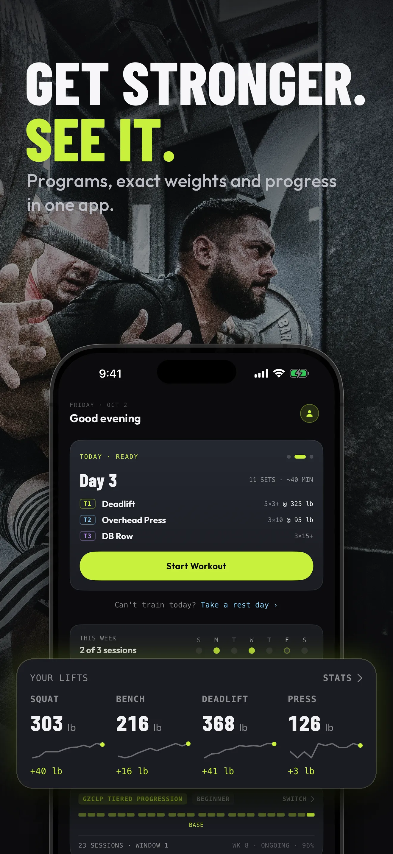 Get stronger. See it. Today screen with your session and lift progress.