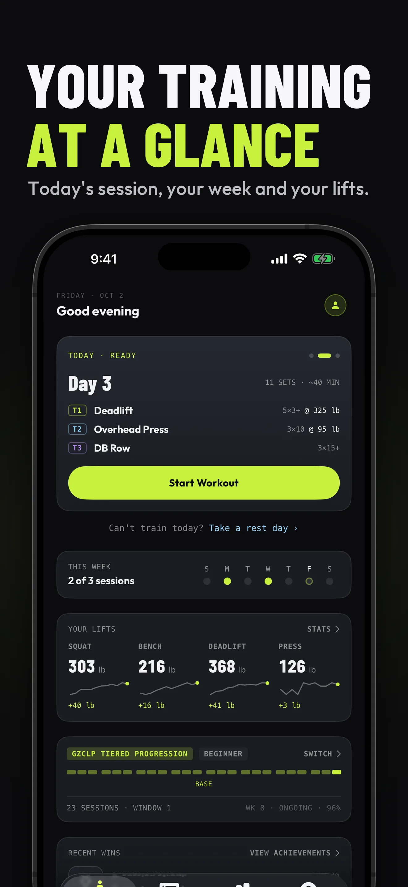 Your training at a glance: today’s session, this week, and your lifts.