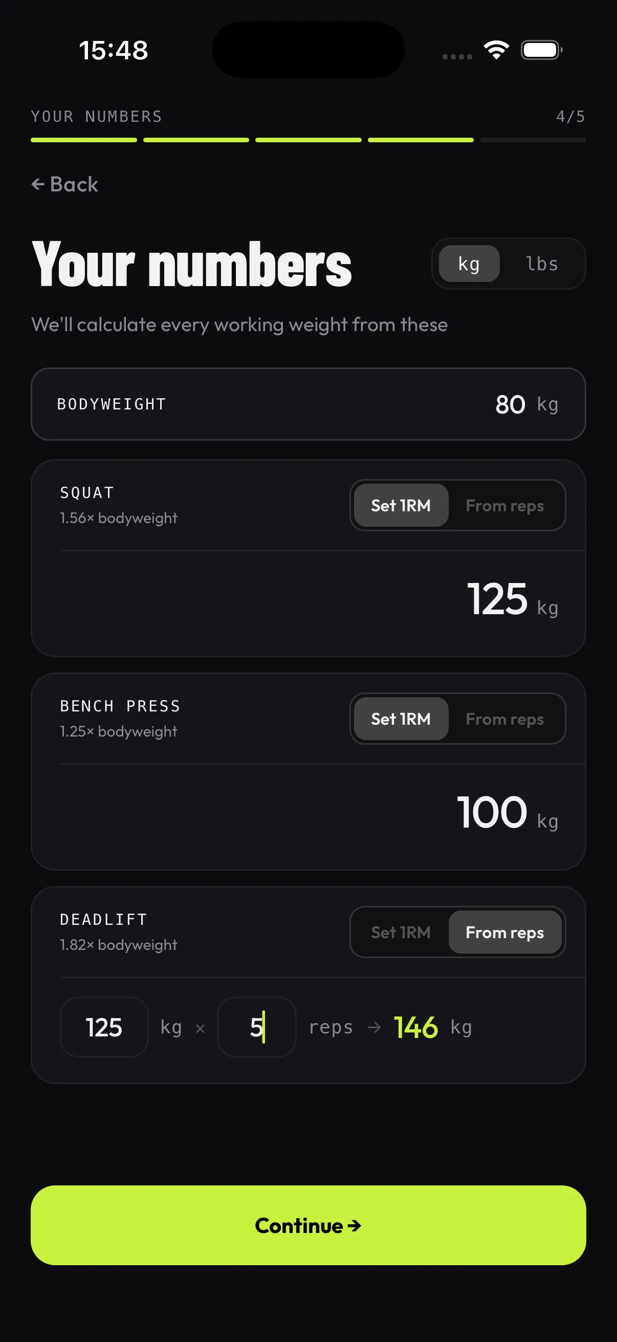 Your numbers screen with squat, bench, and deadlift entries.