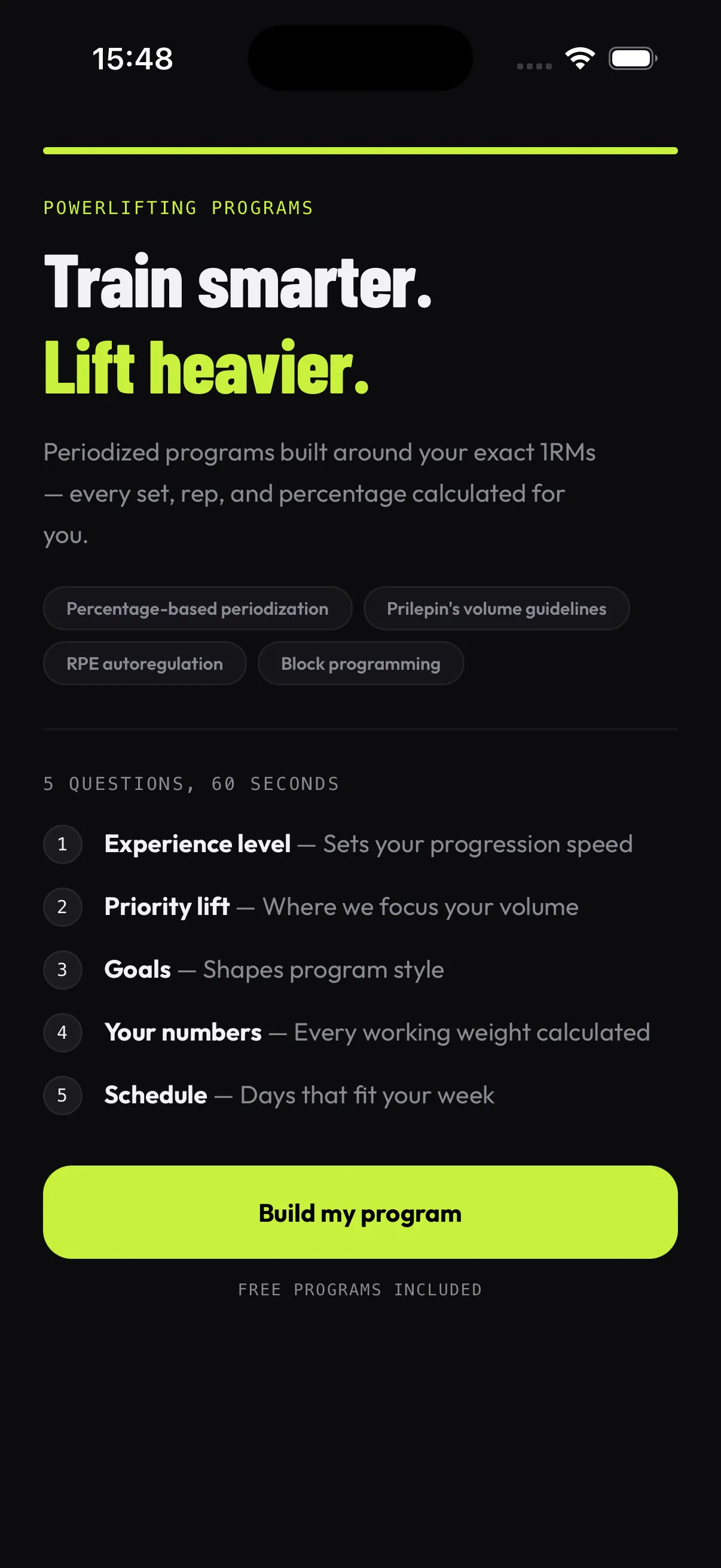 Onboarding screen with 5 setup questions.