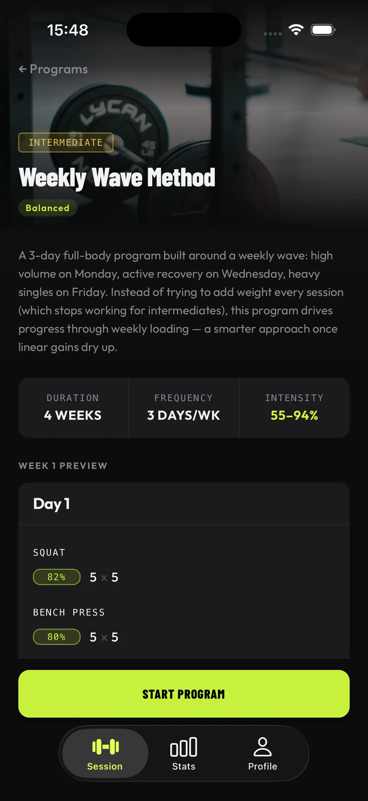 Program view with today's sets laid out by week and day.