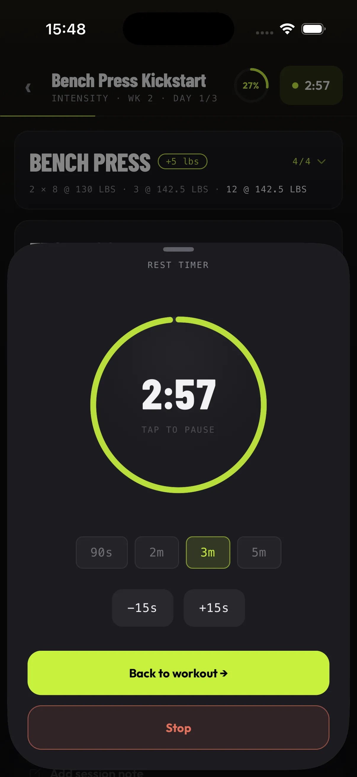 Rest timer with circular progress and 90s/2m/3m/5m presets.